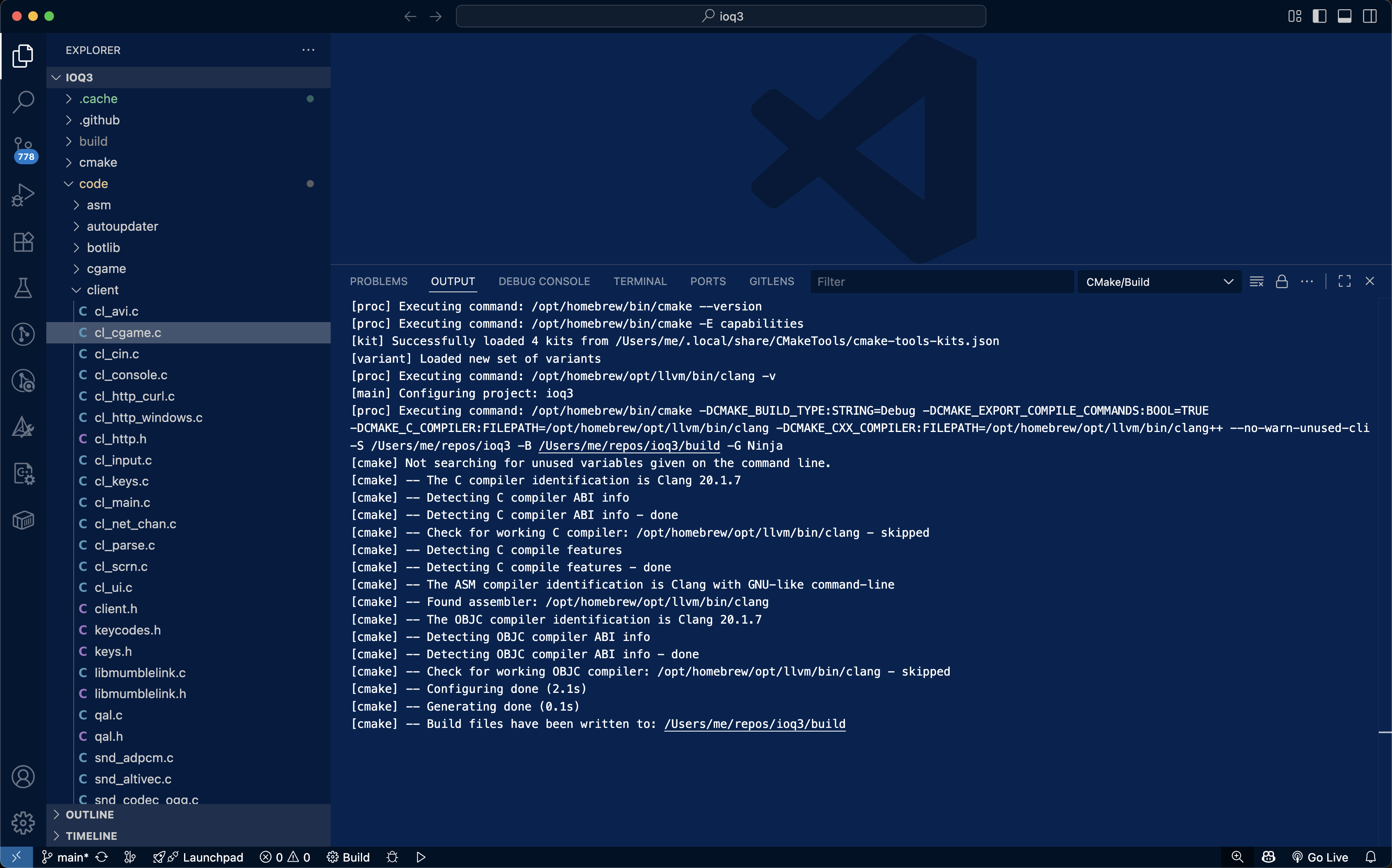 opening ioquake3 root dir inside vscode triggers cmake to generate the build files