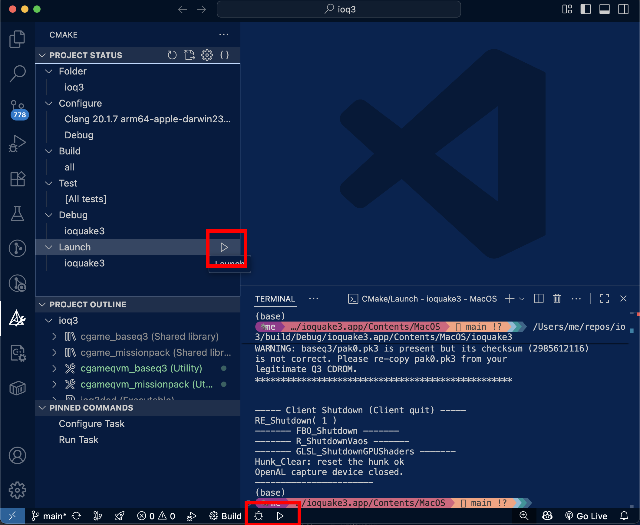 VScode launch UI buttons