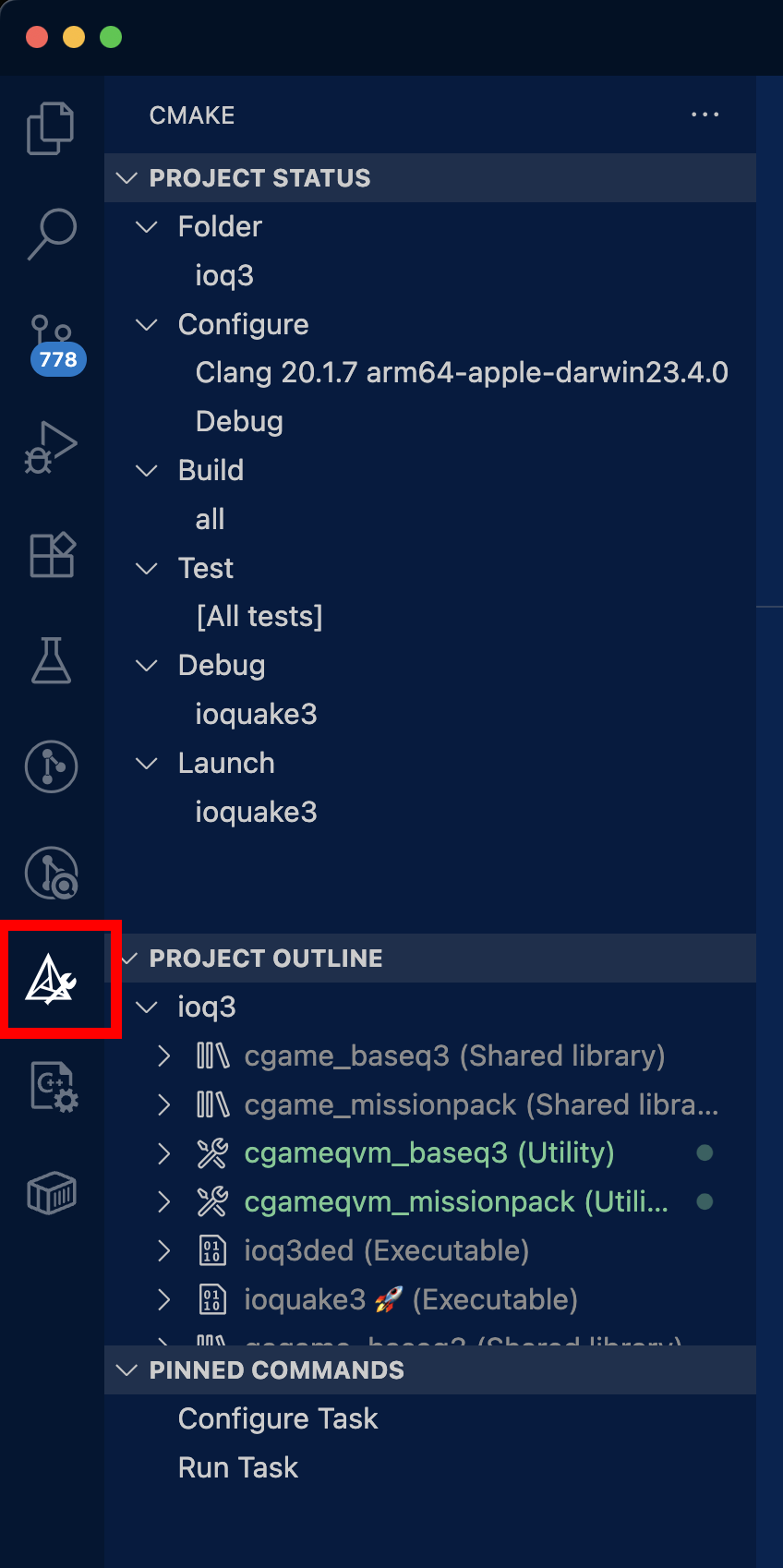 clicking on the cmake button on the left hand side of vscode opens the cmake settings
